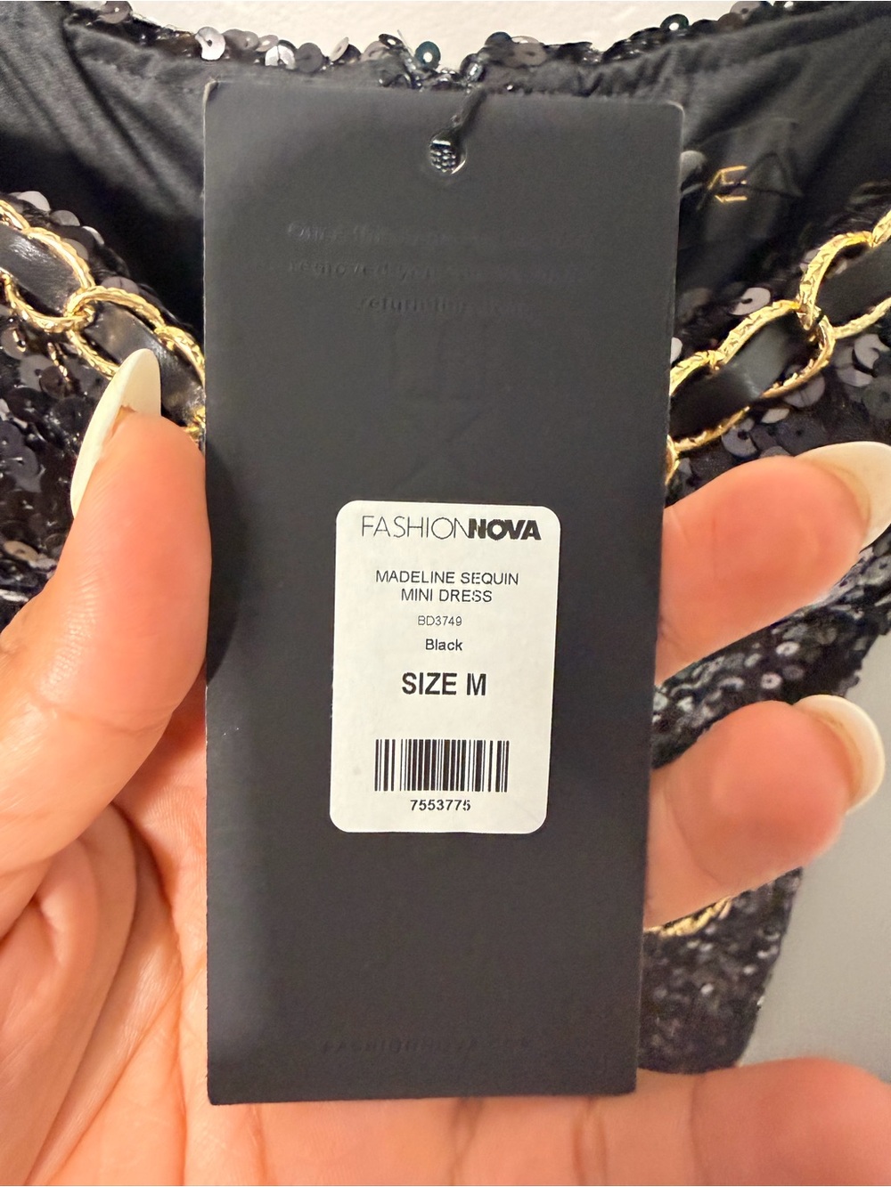 Fashion Nova Black Sequin Mini Dress with Gold Chain Trim - Picture 4 of 4